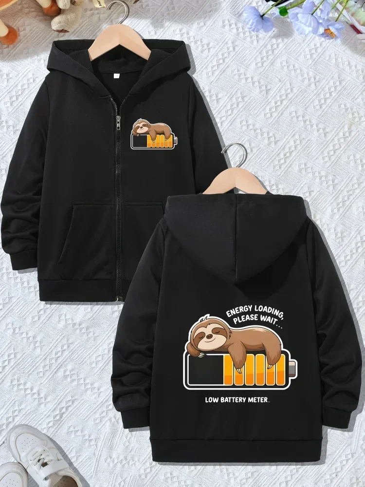 Casual Zip Hooded Coat For Kids Cartoon Napping Sloth Low Battery Text Graphic Long Sleeve Pocket Hooded Outer Jacket