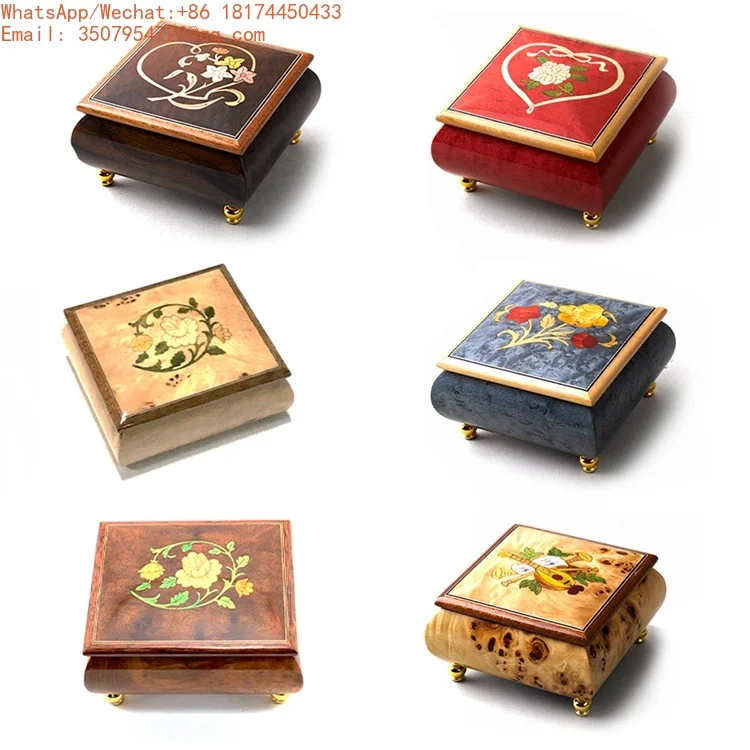 

Italian Red Floral Inlaid Music Jewelry Box European Wood Carving Piano Lacquer Vintage Heart Music Box Wholesale Bulk
