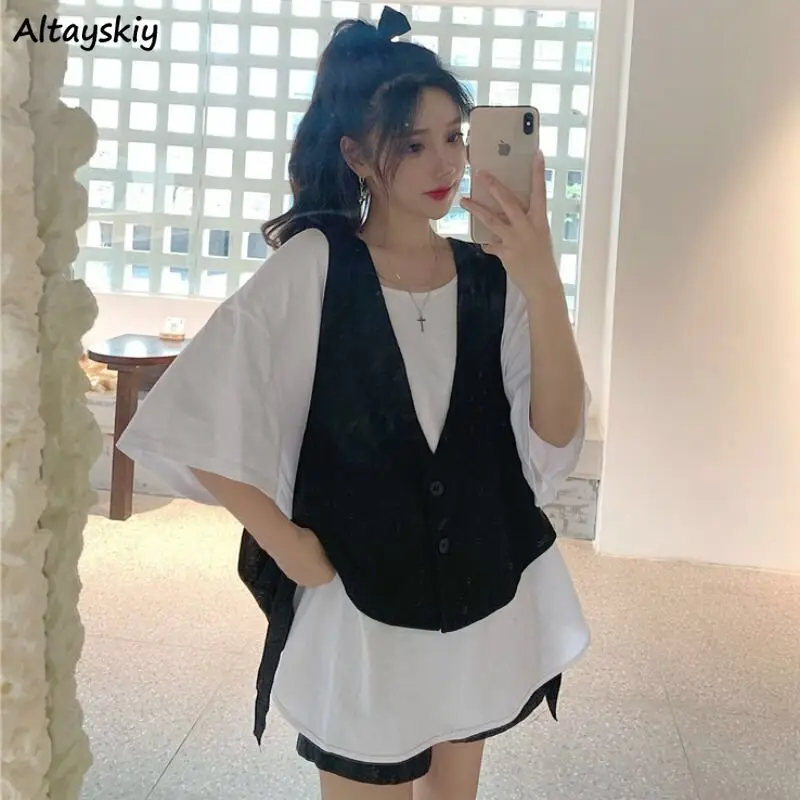 Hot Sale L-4XL Vests Women Summer Thin New Arrival Bandage Loose Black Sleeveless Gothic Casual All-match Unisex Fashion Bf Ins