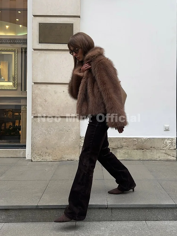 Neo Mint Fluffy Eco Fox Fur Coat Women Brand Fashion Girls Short Gradient Faux Fur Jacket Winter Female Outerwear Overcoat
