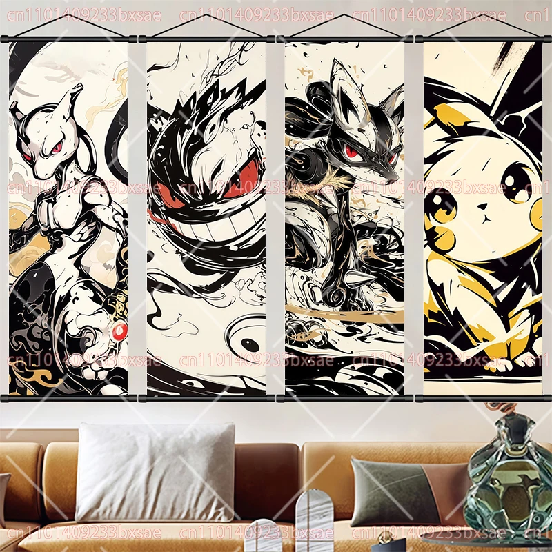 Pokémon Anime Poster Squirtle Eevee Bulbasaur Lucario Mewtwo Gengar Greninja Pikachu Gardevoir Line Art HD Scroll Drawing Gift
