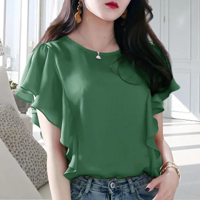 Women\'s Fashion Clothes Butterfly Sleeve Ruffles Patchwork Casual O-Neck Chiffon Blouses 2023 Summer Oversize Solid Basics Shirt