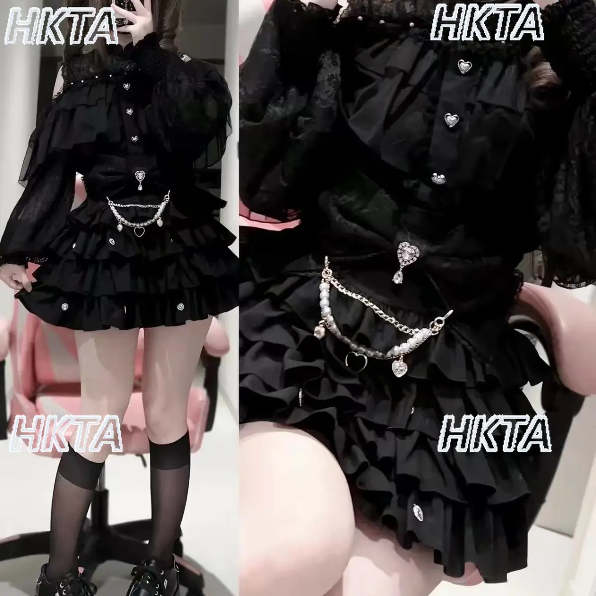 Japanese Mass Produced Dark High Waist Strap Chain Lace Cascade Cake Skirt Gothic Subculture Y2k Sweet Cool Black Skirts Women