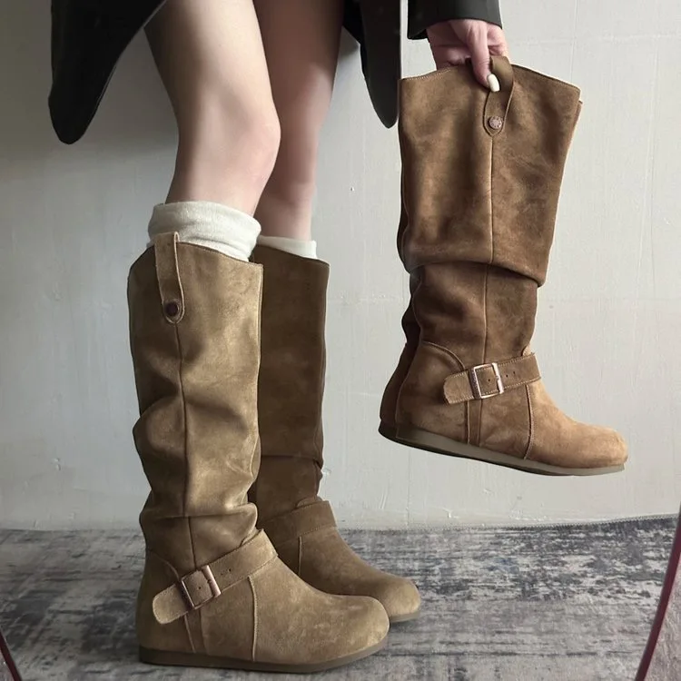 

New Western Cowboy Boots Rivet round Head Flat Bot Knee High Knight Boots Brown Long Boot Women 9090 Cotton Lined mid Heel