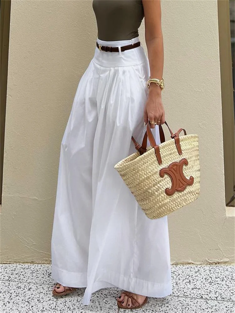 Modigirl Women High Waist Casual Wide Leg Long Palazzo Pants 2024 Summer With Pockets Loose Female Simple White Trousers Bottoms