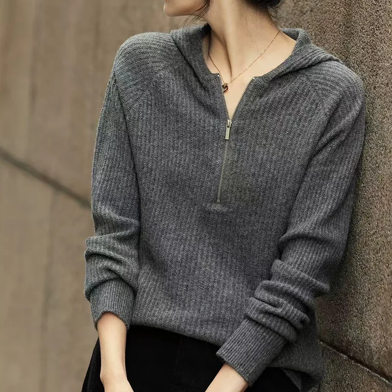 

2025 Autumn/Winter New Women's Sweater 100% Wool Women's Knitted Hoodie Solid Color Casual Fashion Hot Selling Women's Top