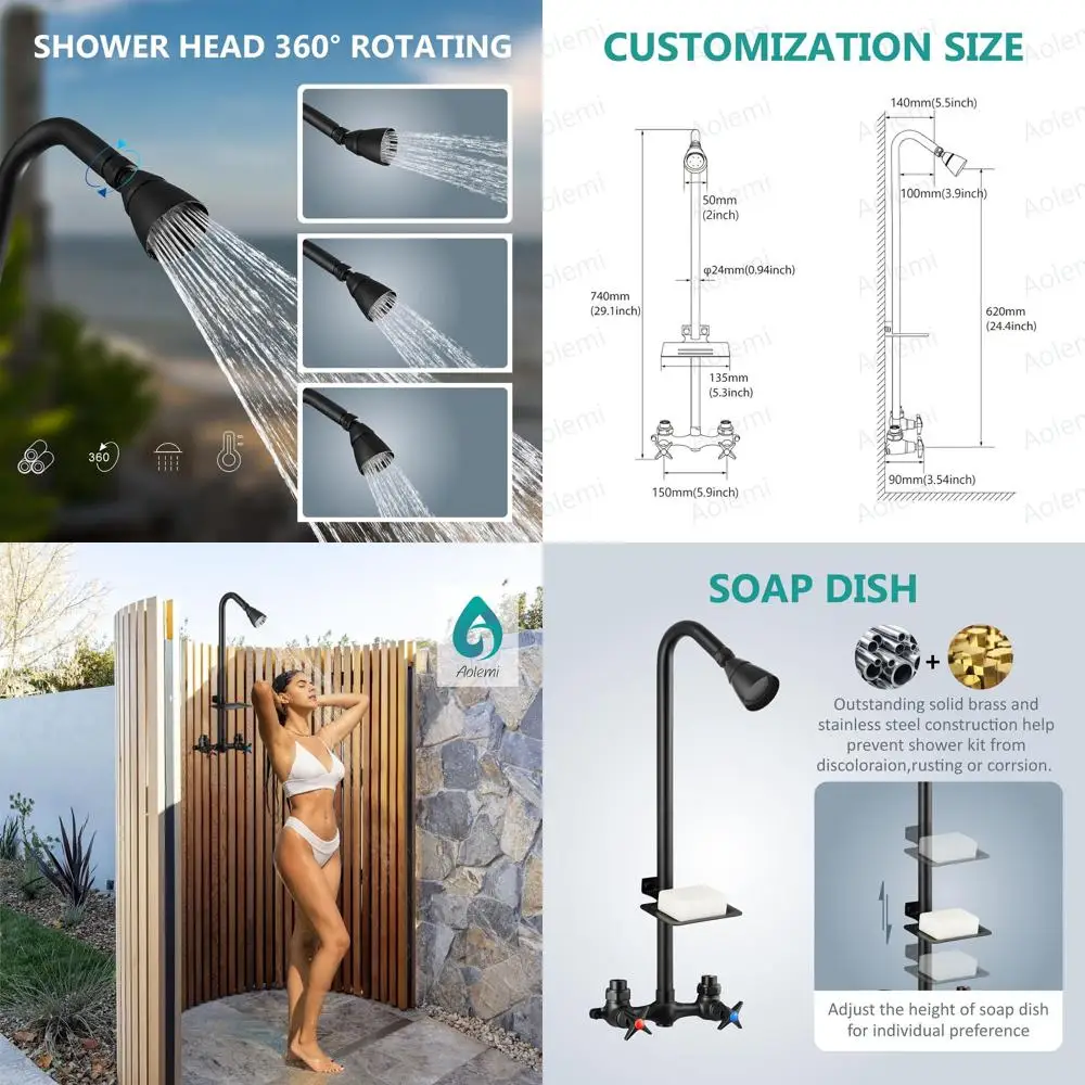 

Matte Black Outdoor Shower Set with Brass Fixtures, Double Handle System, 6 Inch Centers, Brass Showerhead, Soap Dish, and Upwar