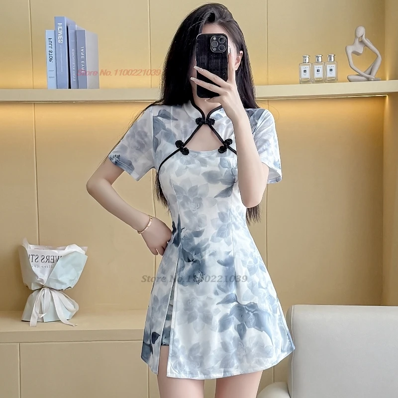 

2025 chinese sexy nightclub dress improved qipao cheongsam national ink painting qipao dress+shorts set hotel spa work dress