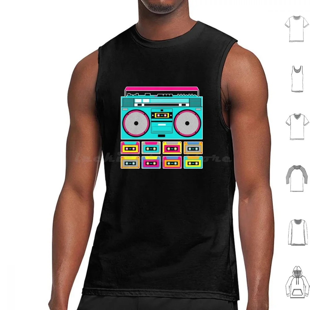 Psychedelic 80's / 90's Boombox & Tapes Tank Tops Print Cotton Boombox Neon Tapes Cassettes Cassette Tapes Retro 80s 90s