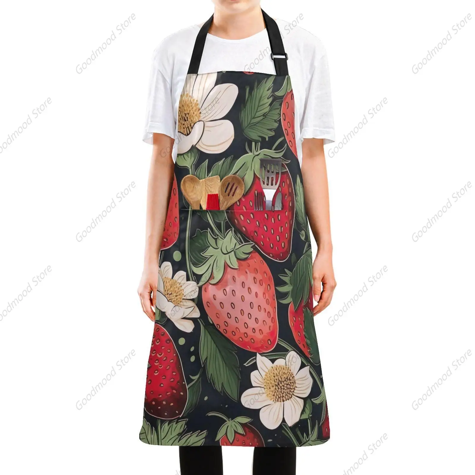 Apron, Strawberries Pattern Aprons for Women with Pockets Adjustable Cooking Aprons for Kitchen Gardening and Men