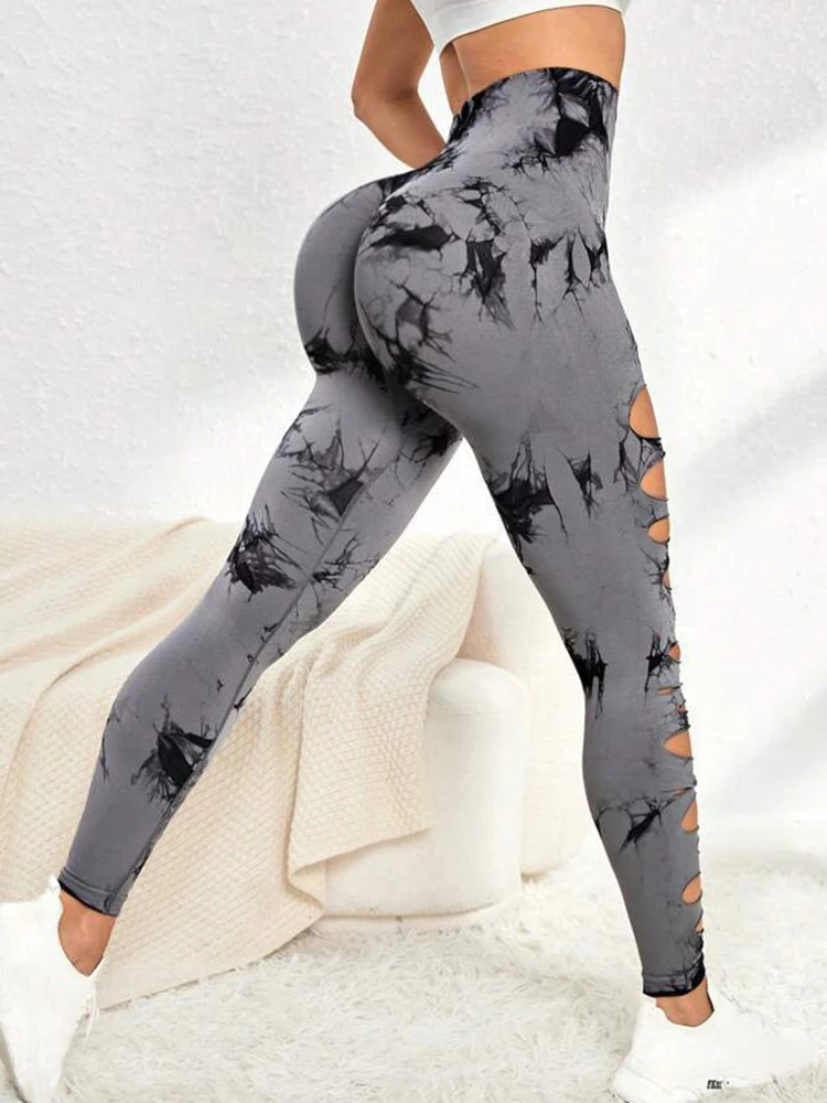 Hollow Tie-dye Yoga Pants Sexy Leggings High Waist Scrunch Butt Lifting Elastic Push Up Tights Gym Jogging Workout Clothing