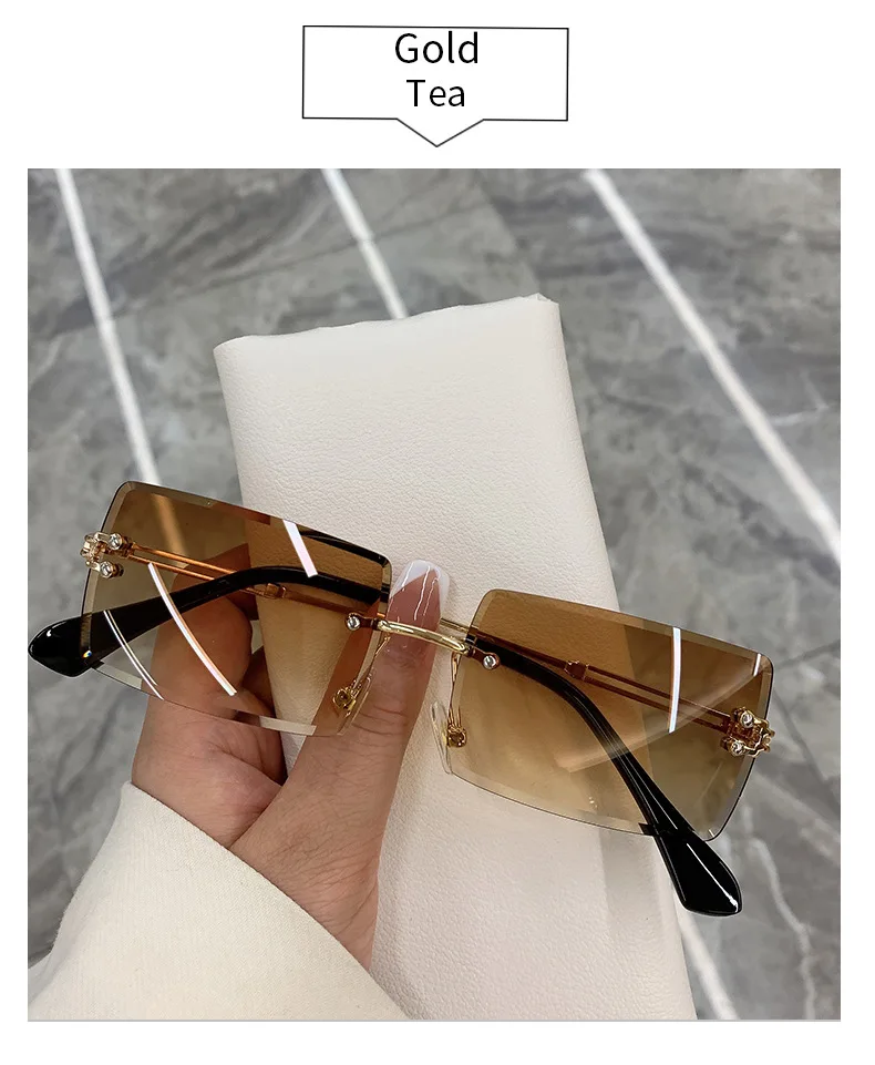 2026 Retro Sonnenbrille für Damen, Markendesigner Randlose Verlaufsgläser, Modische Sonnenbrillen mit Schneidegläsern, Rahmenlose Damenbrillen – Detail 4