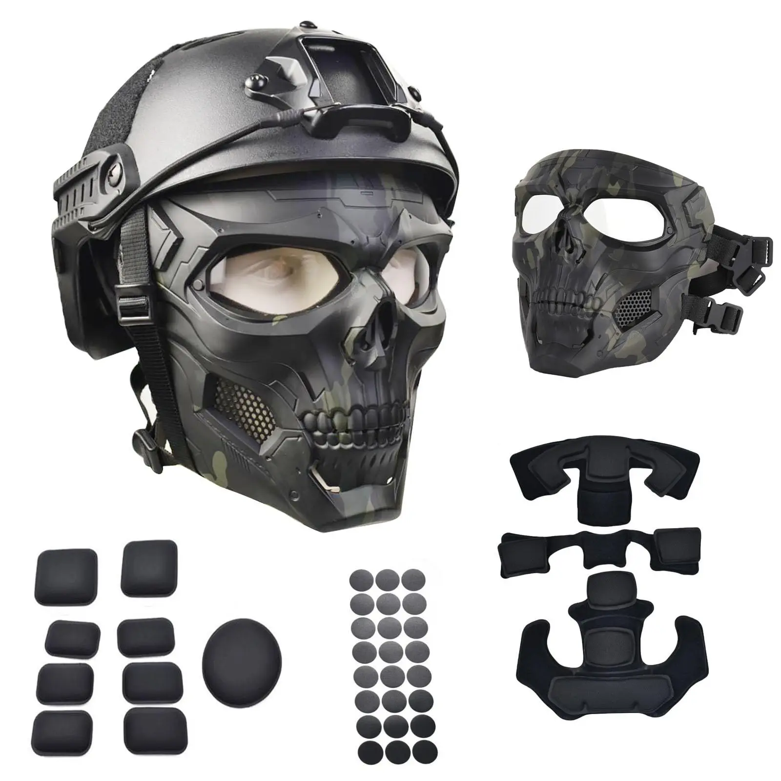 Protective Full Face Tactical Mask Skull Design Clear Goggles Dual Mode Adjustable Strap for Fast Helmet Airsoft Accessories