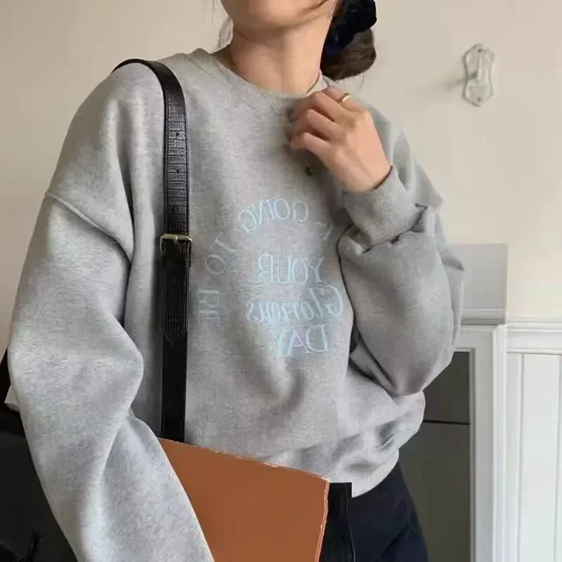 韓国シックなパーカー女性カジュアル特大トップス O ネック長袖ストリートレター印刷 Y2k スウェット 2025 Ropa Mujer