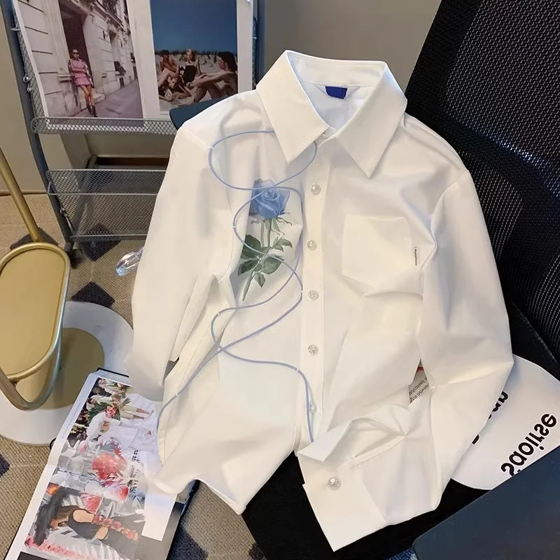 

Ele Rose Tie irt Casual Long Sve Men's Top Versatile Summer irt Comfortable Loose Fit Collar Button Detail