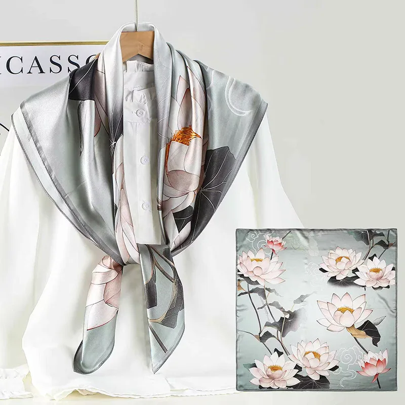 

Декоративный платок в китайском стиле с узором сливы и лотоса, 100% шелк, 90х90 см