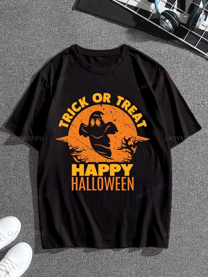 TRICK OR TREAT, Halloween Party Gift Stylish Men's Shirt, Men's Casual Everyday Wear, 0-neck Short-sleeved Cotton T-shirt