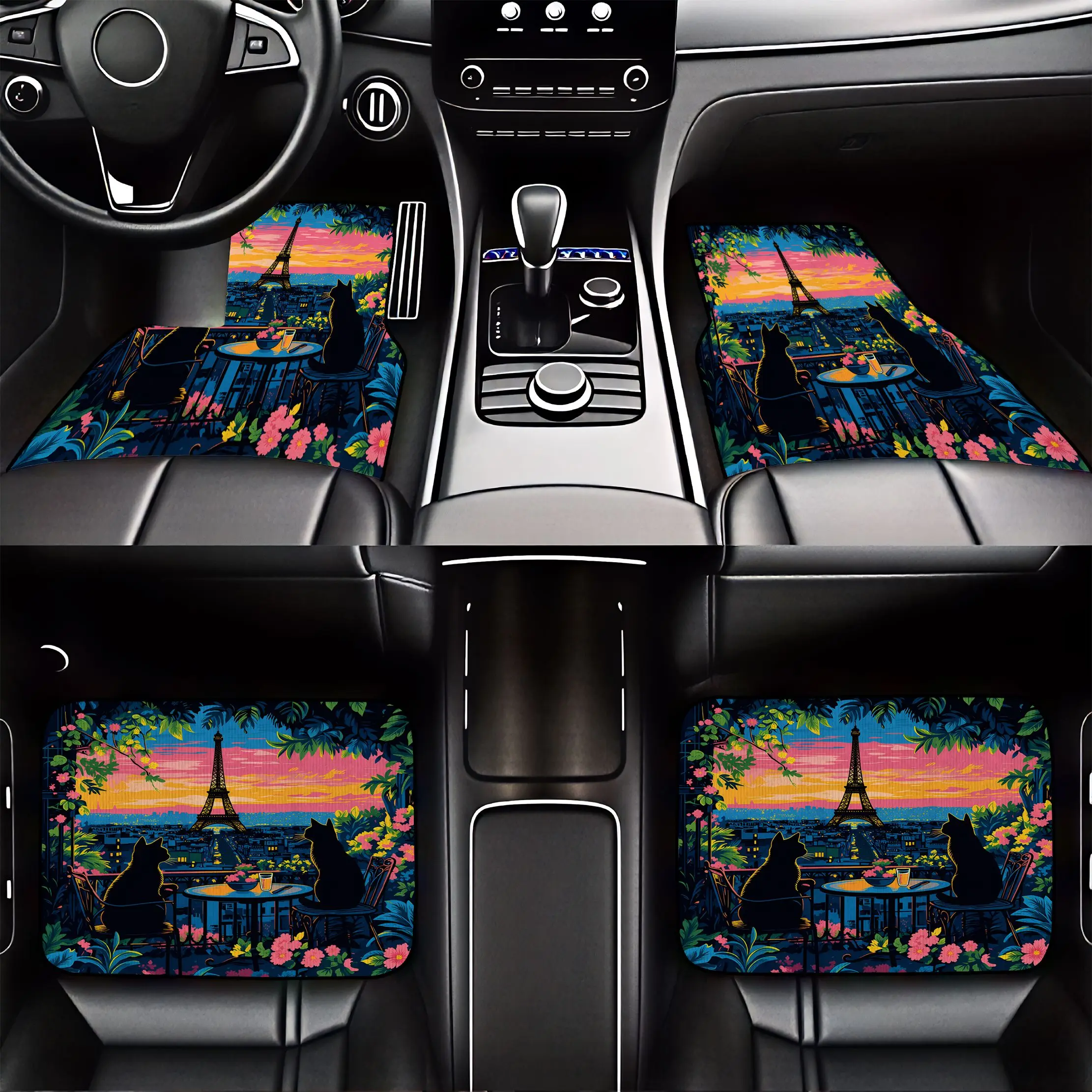 4pcs Paris Sunset Eiffel Tower Cats Floral Scene Crystal Velvet Car Floor Mats - Dust Resistant Durable Romantic Art Style Suita