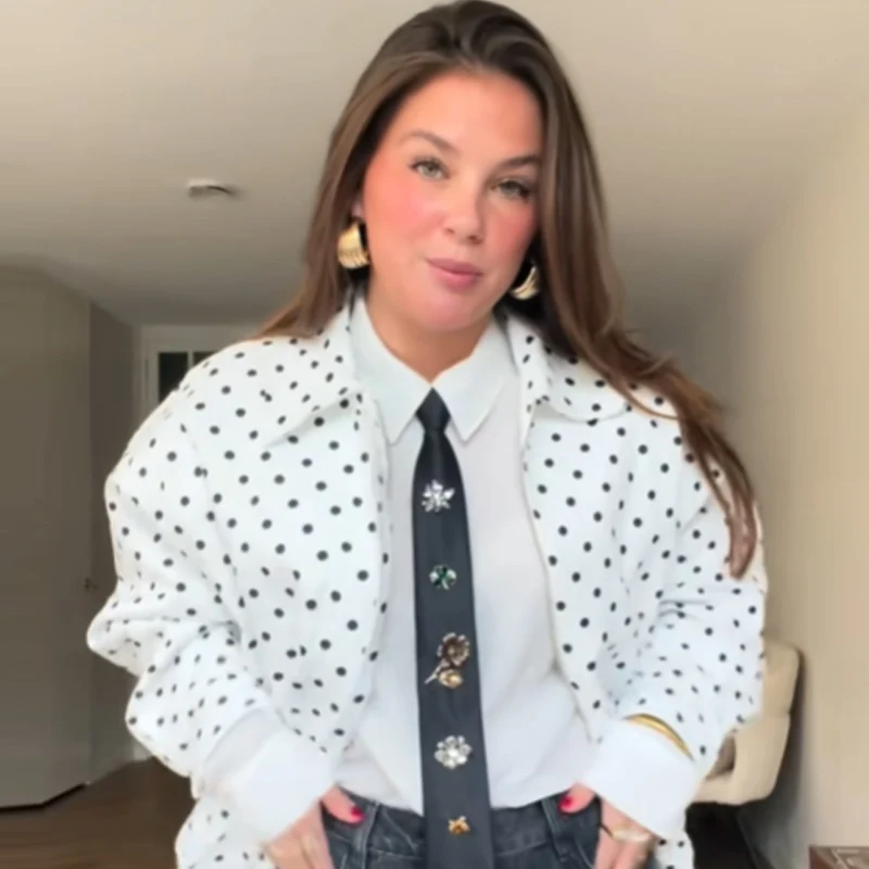 HXAO 2026 Damska kurtka w grochy, oversize, zapinana na zamek, plus size, z długim rękawem, nowości w kategorii płaszcze i kurtki, krótka odzież wierzchnia na zewnątrz