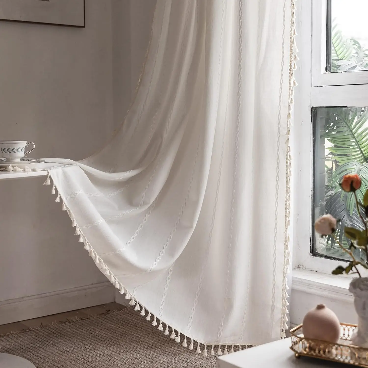 

Extra Long White Boho Curtains 96 Inch Length 2 Panels Textured Window Panels with Embroidery Tassel for Living Room