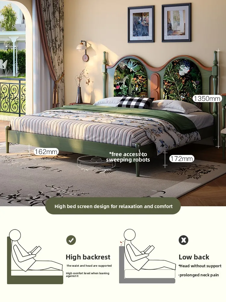 French Vintage Solid Wood Bed, 1.8 Meter Double Bed, Vintage Ash Wood Printed Upholstered Vintage Master Bed
