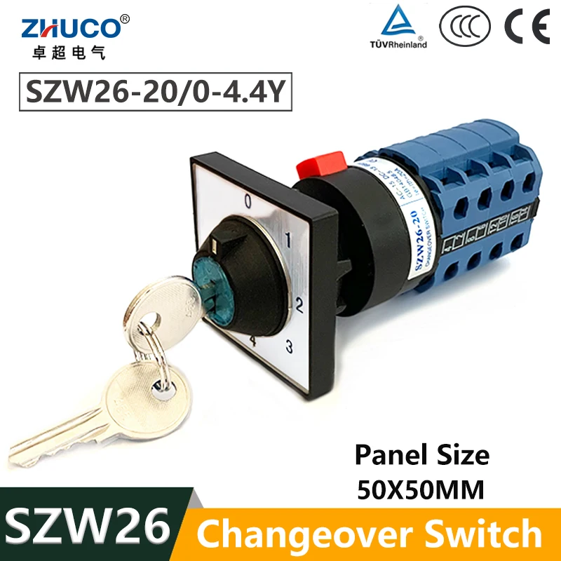 

ZHUCO SZW26/LW26-20/0-4.4Y 20A 660V 5 Positions 4 Pole 16 Terminals Changeover Selector Universal Rotary Cam Switch With Key