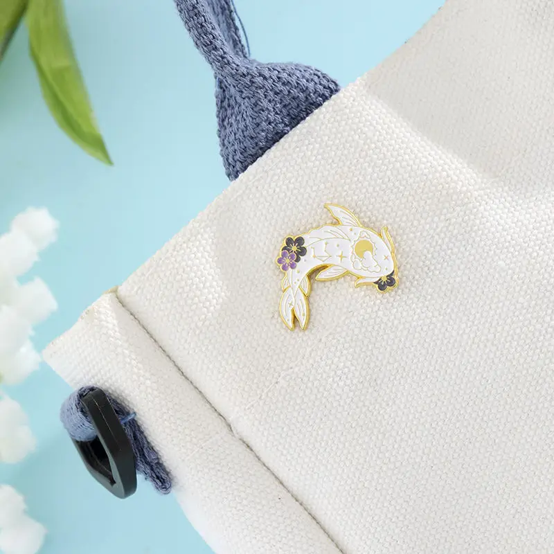 Celestial Koi Fish Enamel Pin Set, Yin Yang Style Black & White Koi Brooches, Floral Moon Star MetalBadges with GoldTrim,Jackets view 5