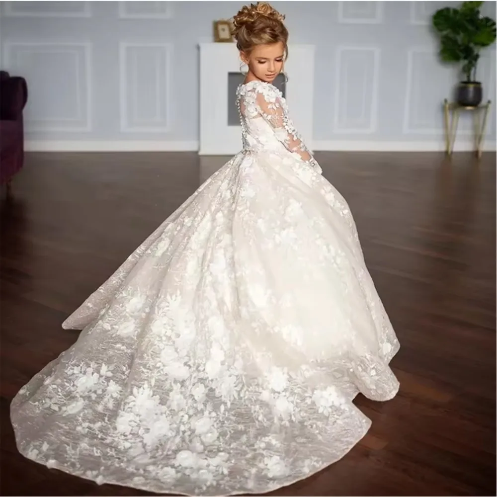 

White Flower Girl Wedding Dress Appliques Full Sleeves Elegant Litter Child Birthday Celebration Birthday Party Communion Gown