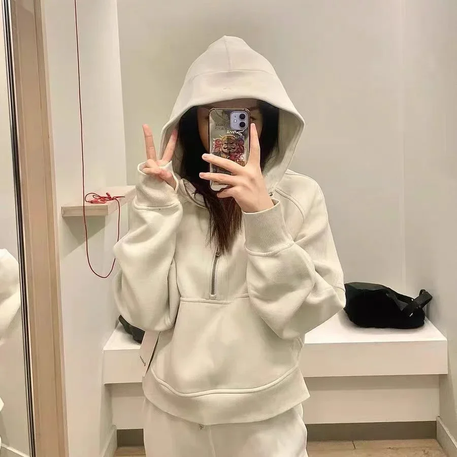 

Lemon Women Winter Thicken Warm Long Sleeve Hooded Sweatshirts Define Jackets Coat With Pockets Sports Fitness Half Zip Hoodie