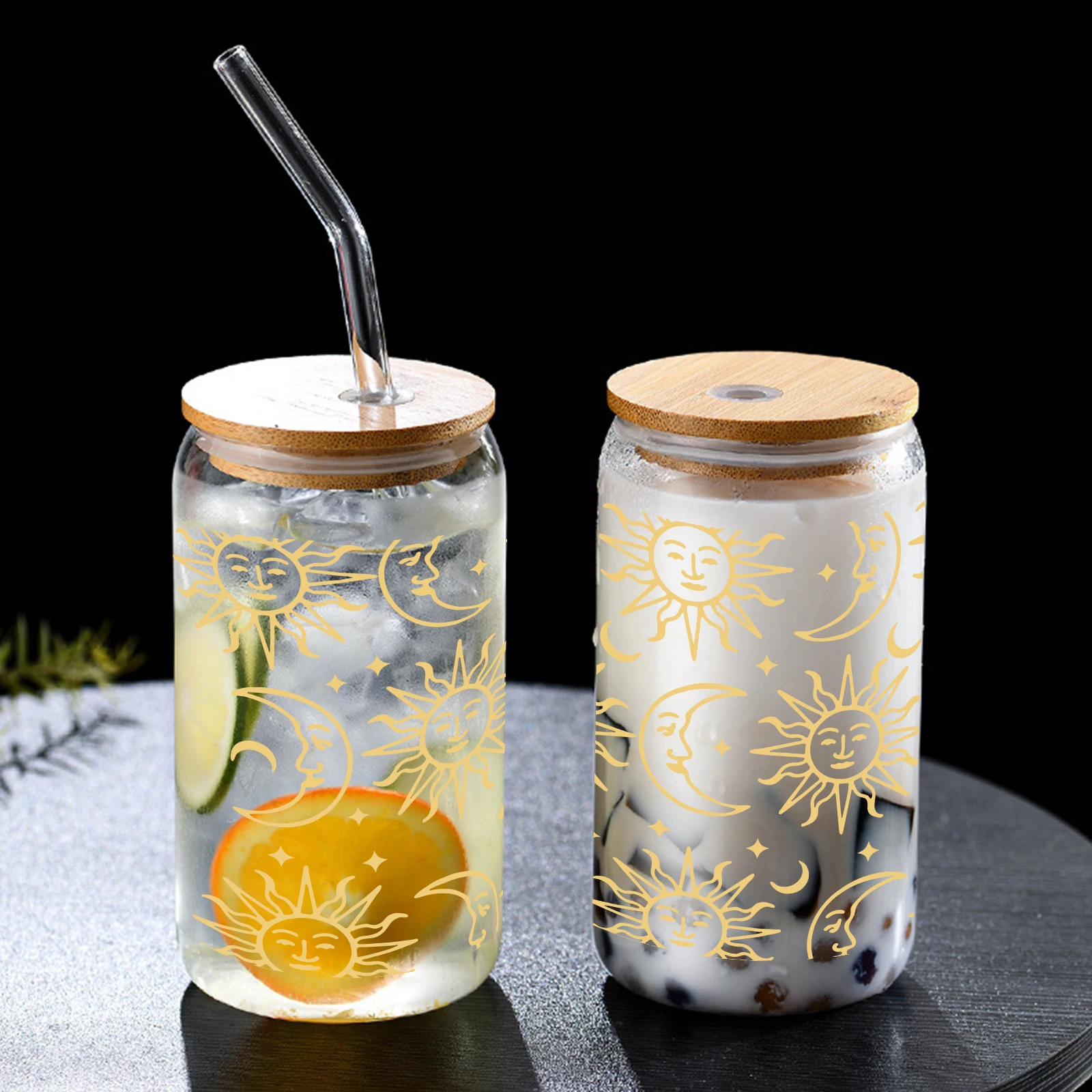 1 Piece 16oz Anthropomorphic Golden Sun And Moon Pattern Sticker Transparent Juice Drink Coffee Glass Cup Suitable For Summer