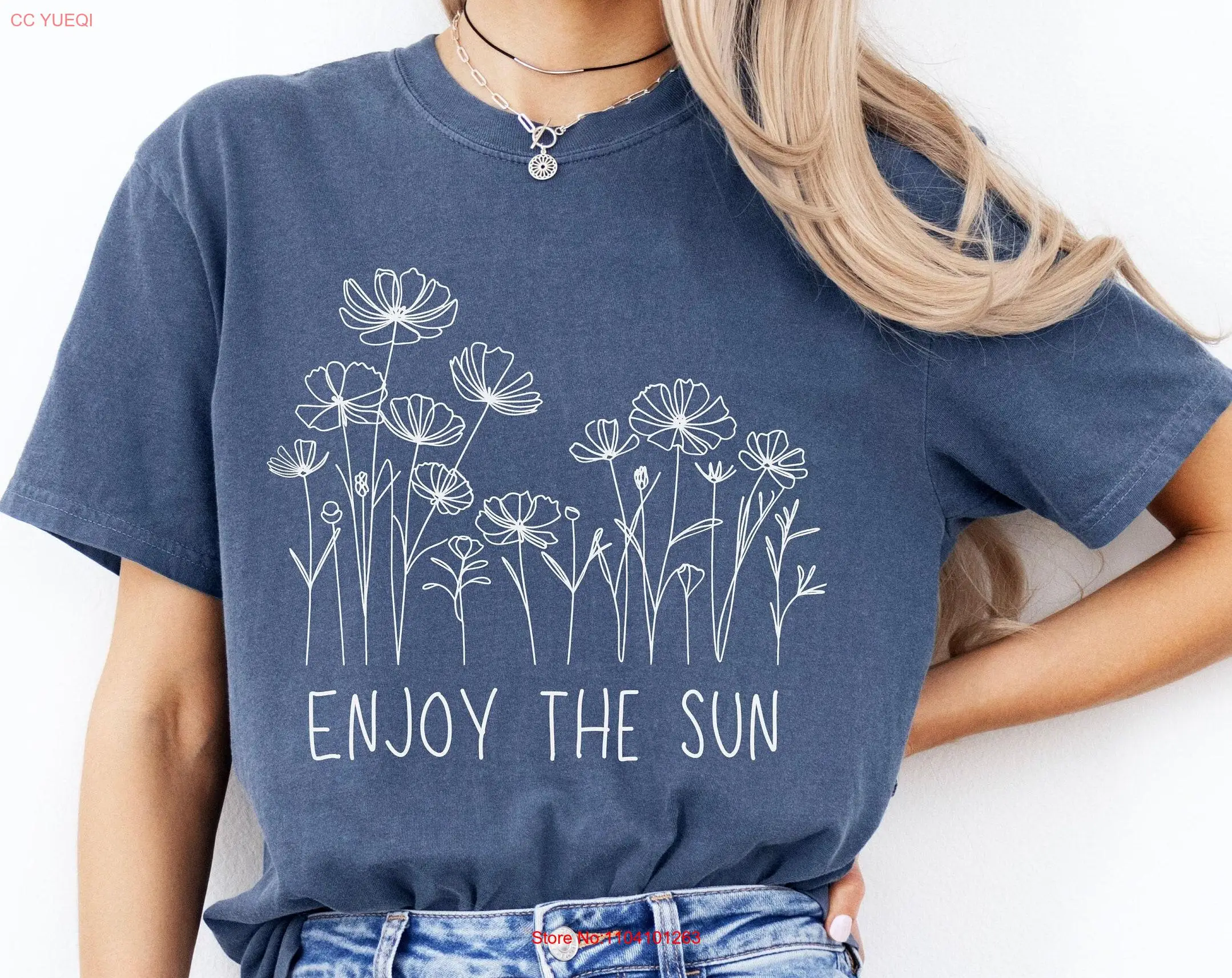 

Wildflowers T Shirt for Mom Blue Garment Dyed Floral Print Minimalist Flower Grandma ed s Women Cottagecore