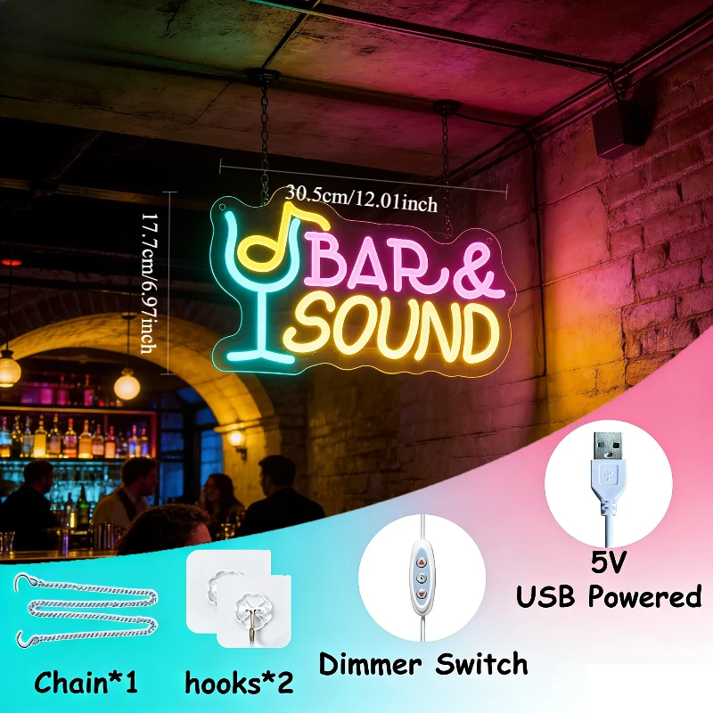 Bar and Sound Neon Sign LED USB Music Cocktail Aesthetic Room Decor Colorful Night Light for Home Studio Pub KTV Display