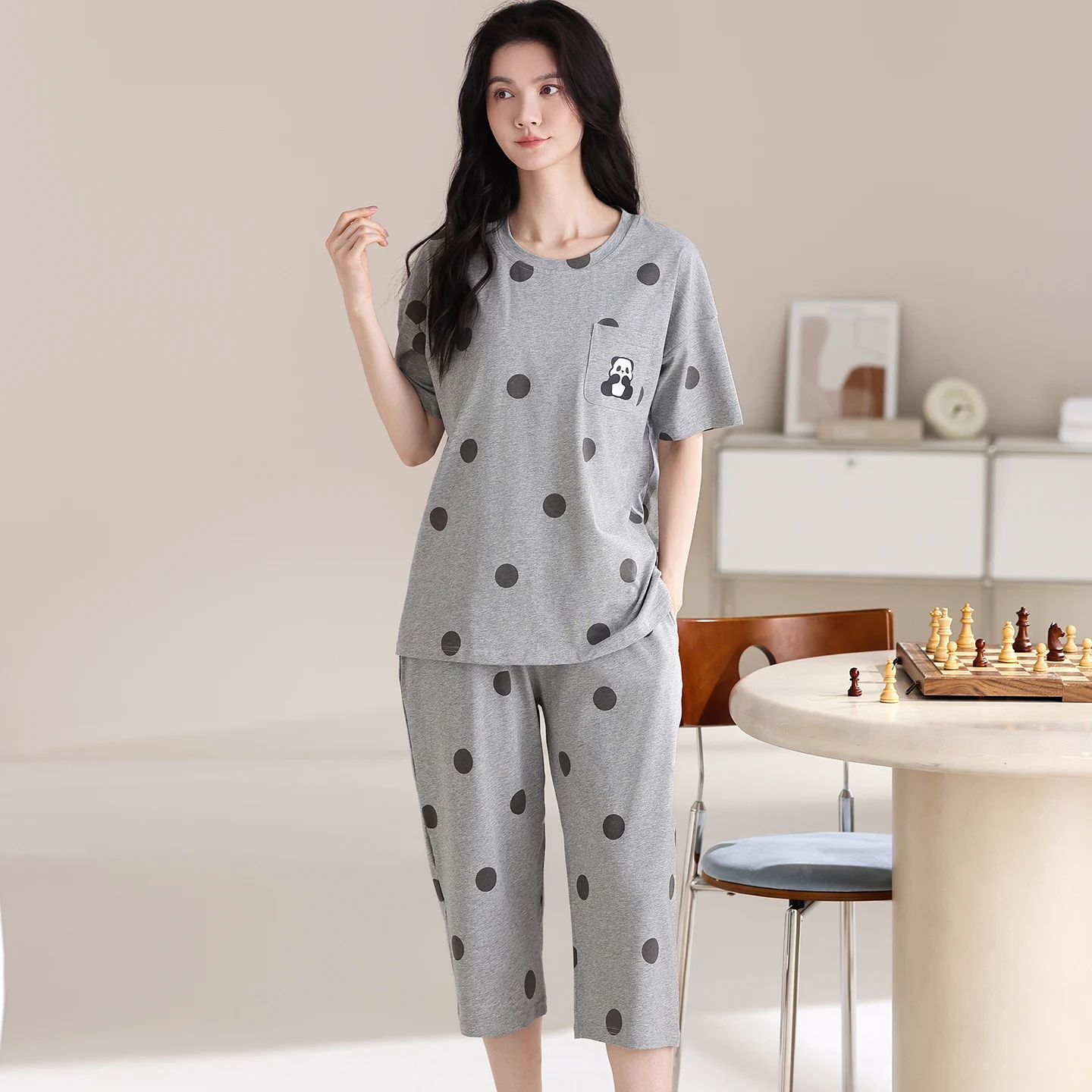 Summer Full Cotton Pyjamas Female Polka Dot Print Pajamas Set Round Collar Sleepwear Women Pajamas Short-Sleeve Casual Tracksuit