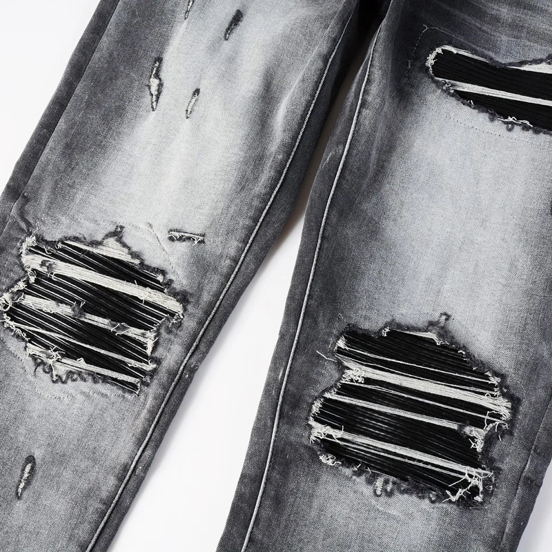 

High Street Fashion Men Jeans Retro Black Gray Stretch Slim Fit Patched Ripped Jeans Men Y2K Brand Hip Hop Denim Pants Hombre