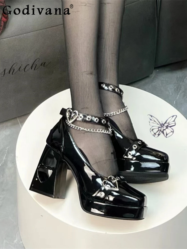 

Fashion All-Match Punk Y2K Women's Square Toe High Heels Spring and Autumn Hot Girl Lolita Metal Decorative Chain High Heels