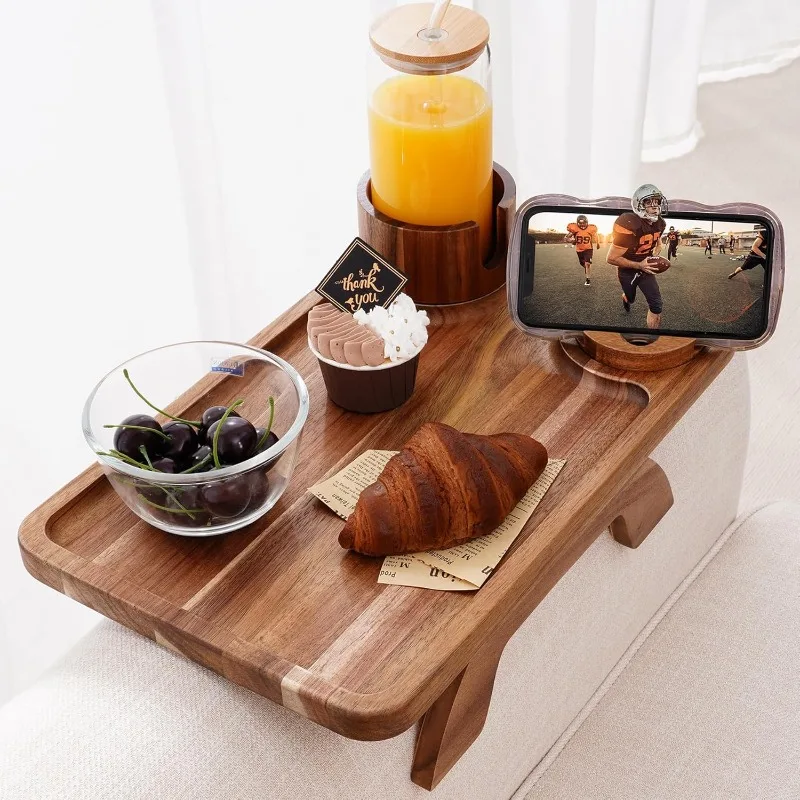 

Couch Cup Holder Tray, 3 in 1 Large 15.36"x9.85" Acacia Wood Sofa Arm Clip on Tray Table