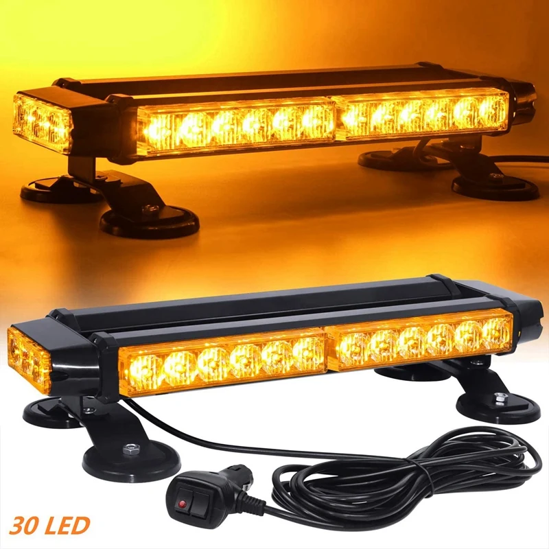 15 Inch Amber 30 LED Roof Strobe Flashing Light Bar Magnetic Emergency Beacon Warning Flash 30W 12V