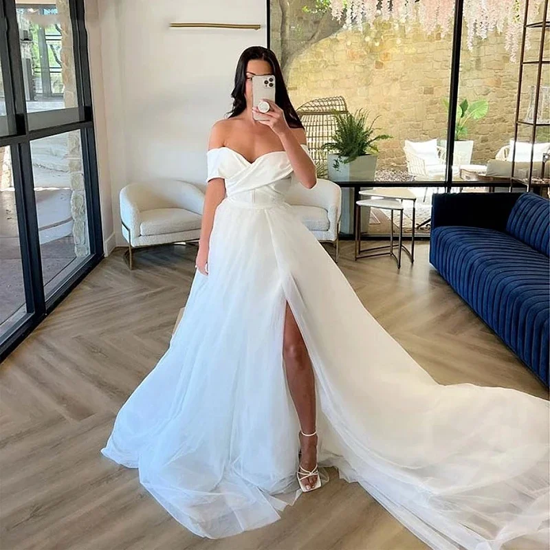 Off the Shoulder High Slit Beach Wedding Dresses Destination Bridal Gown For Women  Custom Made Elegant  Stunning Bridal Gowns