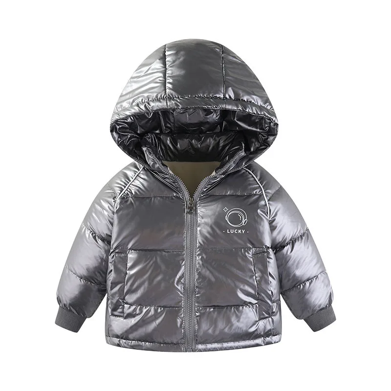 2023 Winter Boys Jacket Solid Color Glossy Cartoon Pattern Lining Plush Keep Warm Coat For 1-6Y Girls Hooded Down Cotton Outwear