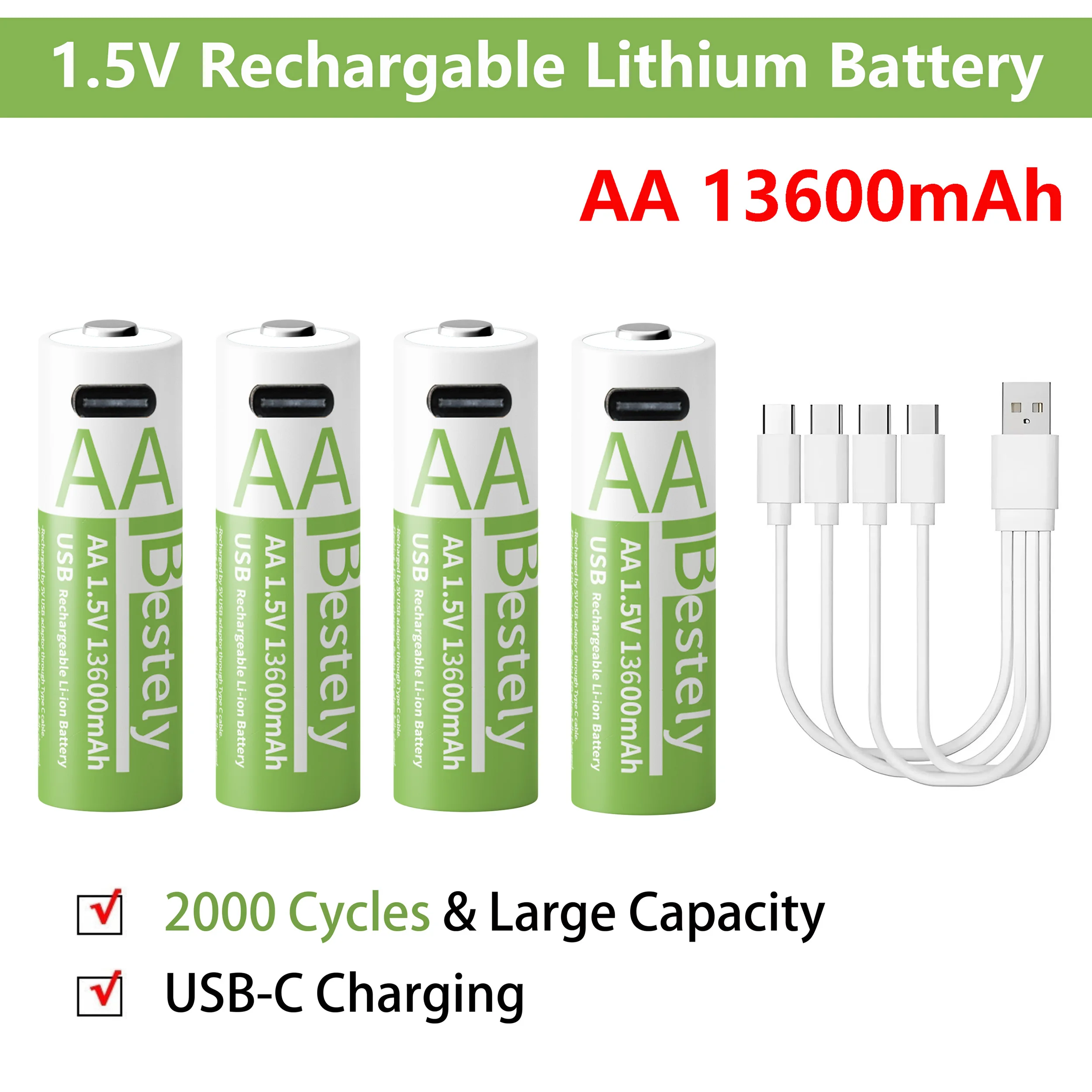 

A-grade cell 1.5V 13600mAh AA-type USB-C lithium-ion battery fast charging for cameras, toys, remote controls, Bluetooth speaker