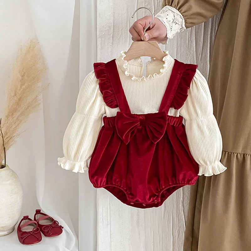

Christmas Party Clothes Infant One Piece Baby Girl's Romper Autumn Baby Bodysuit Big Bow Girls Clothes Dress Cotton Baby Clothes