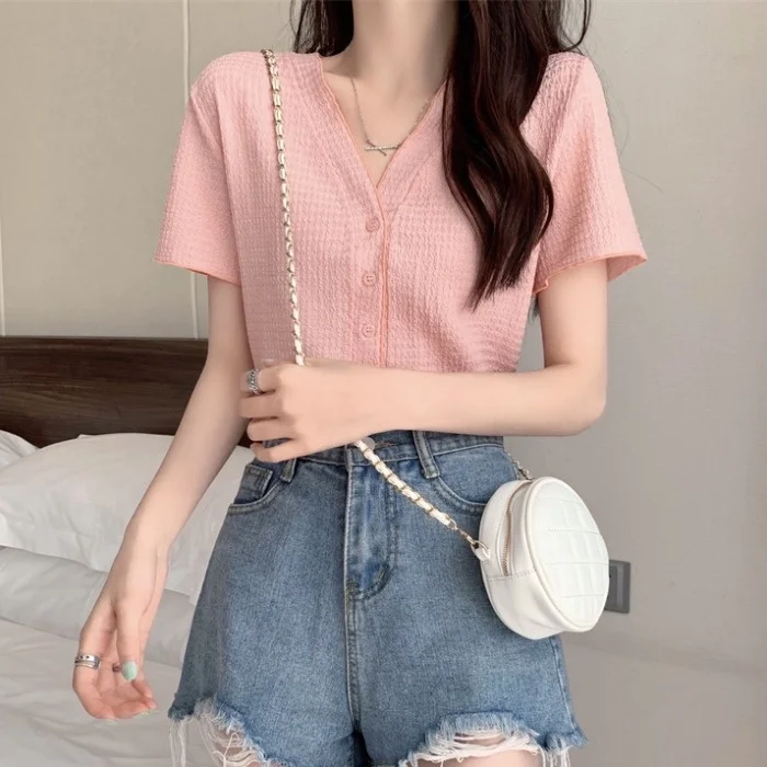 

Розовый летний модный топ для женщин, повседневная одежда, однотонный, на пуговицах, для работы и отдыха