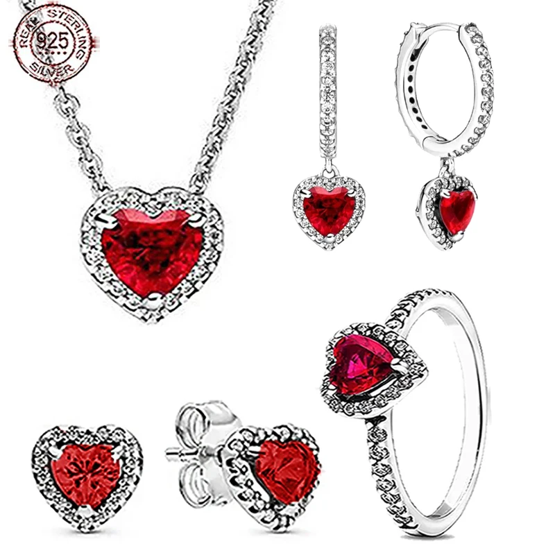 

Exquisite 925 sterling silver shiny full diamond red heart-shaped ring earring necklace fit designing bracelets DIY gifts