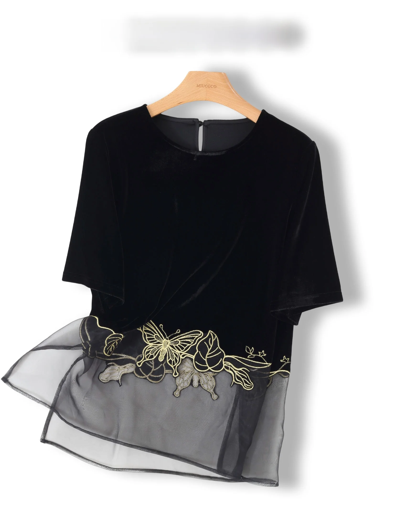 

Elegant Silk Velvet Trim Splice T-Shirt Women's Fashion High-End Design Sense Chinese Style Loose Fit round Neck Short Sleeve