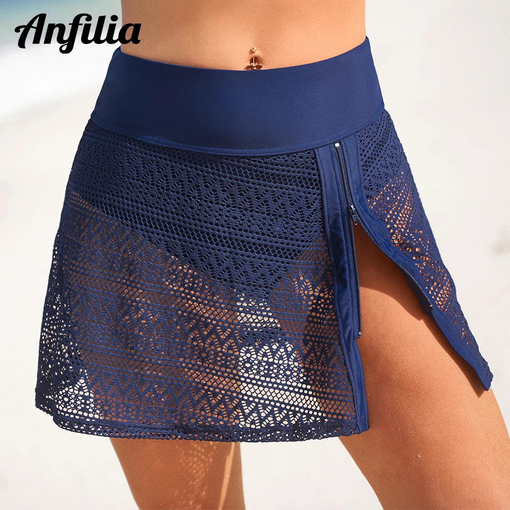 Anfilia Women Swimming Skirts Solid Side Split High Waits Built-in Boardshorts with Zipper Hollow Out Tankini Bikini Bottom