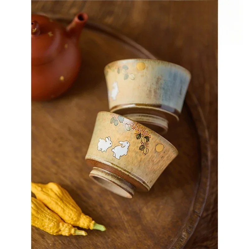 Chinese retro ceramic teacup master cup single kiln change hand-painted osmanthus zodiac rabbit kung fu tea tasting cup