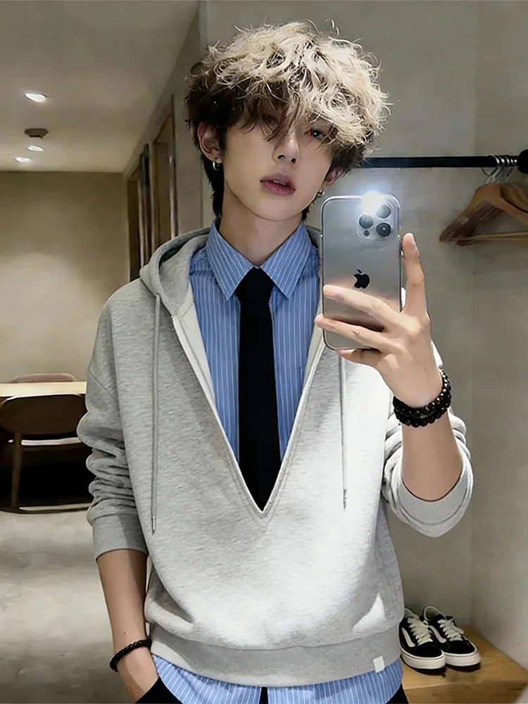 

Мужская толстовка-куртка American Style с V-образным вырезом, имитация двухслойности, свободный крой, весна-осень, повседневная, в университетском стиле