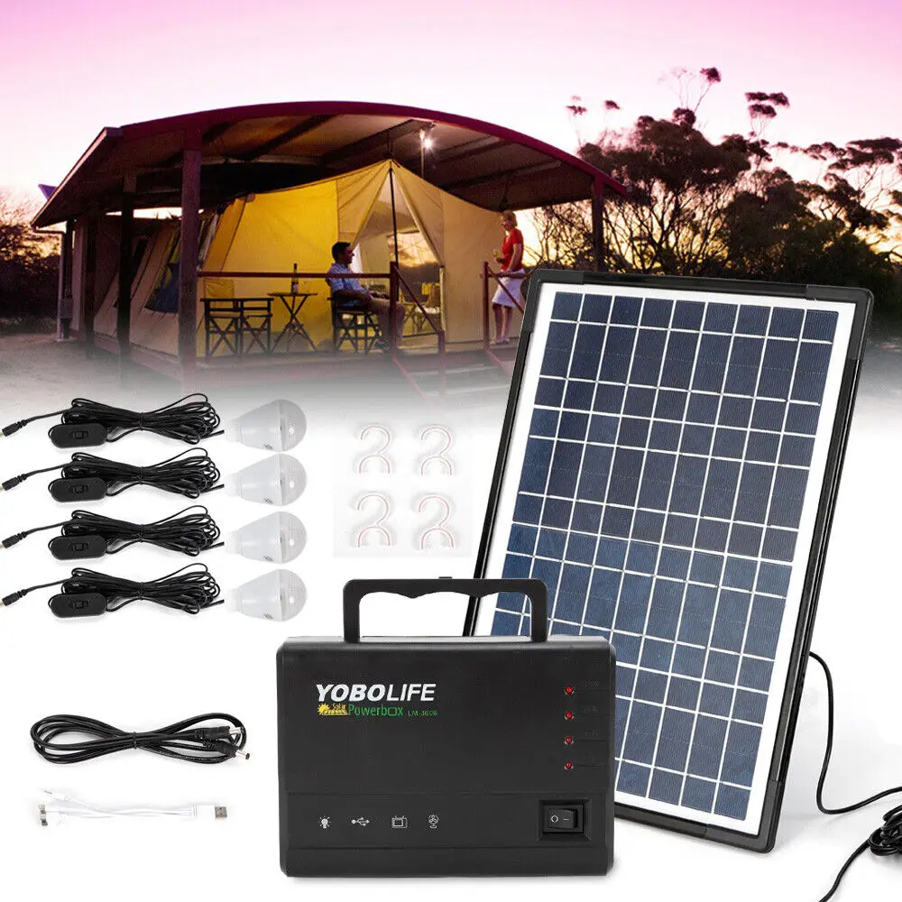 Solar Panel Power Generator Kit | Portable Battery Pack Power Station Waterproof Solar Suitcase w/ 4 Bulbs