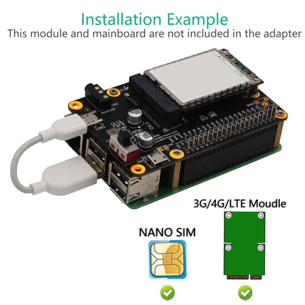 A48U Mini 3G/4G/LTE Module HAT Portable USB Expansion Board with SIM Card Slot Vertical Adapter Card for