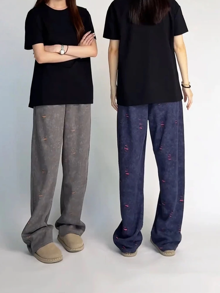 بنطلون رياضي نسائي بتصميم أمريكي عتيق مع فتحات، سروال واسع الساق فضفاض بتصميم مستقيم وعصري